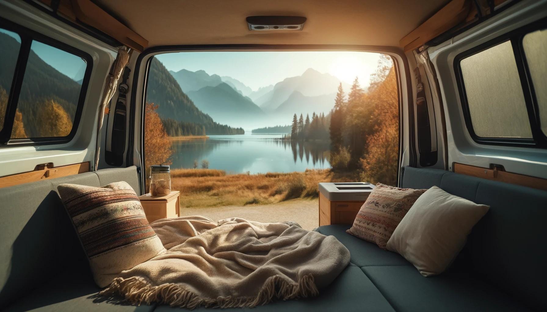 a scenic landscape view from the open back of a ca